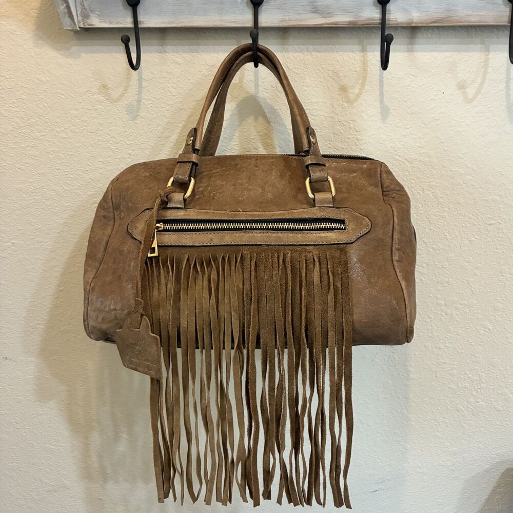 Vtg. Brown Leather Boho Satchel Handbag Croc Embossed Fringed Anna Cecere Italy